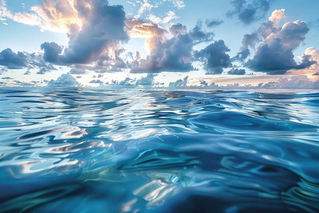 Um oceano azul com nuvens no céu