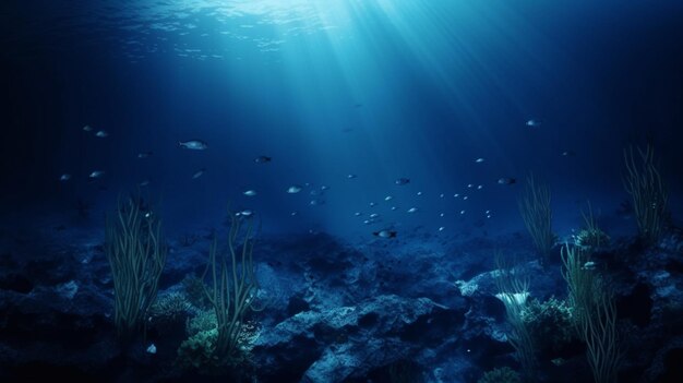 Um oceano azul com um cardume de peixes nadando abaixo dele