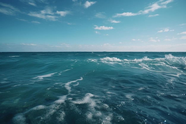 Um oceano azul com uma nuvem branca no céu