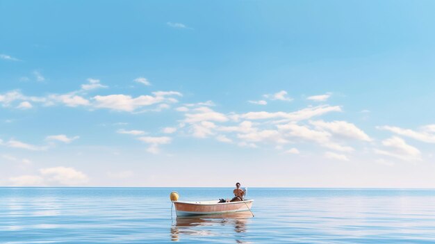 Foto um oceano lindo e calmo no verão, a pescar num barco.