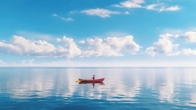 Foto um oceano lindo e calmo no verão, a pescar num barco.