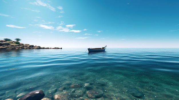 Foto um oceano lindo e calmo no verão, a pescar num barco.