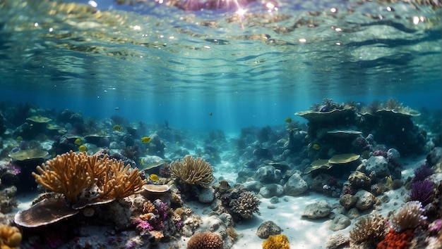 Um oceano maravilhoso debaixo d'água cheio de cores e corais muitas conchas marinhas