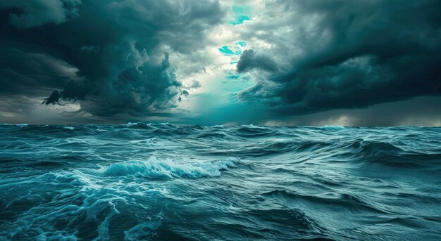 Um oceano tempestuoso com nuvens no céu