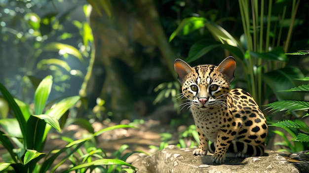 Um ocelot selvagem está sentado em uma rocha no meio de uma selva verde exuberante o ocelot está olhando para a câmera com seus grandes olhos redondos