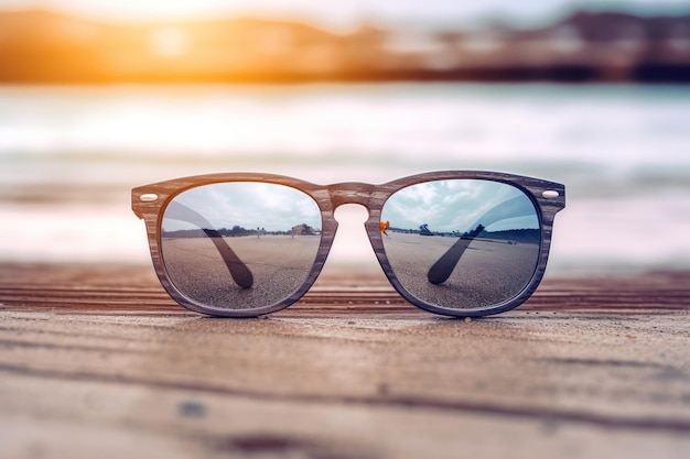 Um óculos de sol na placa de madeira na praia de borrão com bokeh de fundo