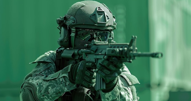 Um oficial de unidade tática de elite em equipamento SWAT conduzindo um exercício em uma instalação de treinamento fotorrealista de fundo de cores sólidas