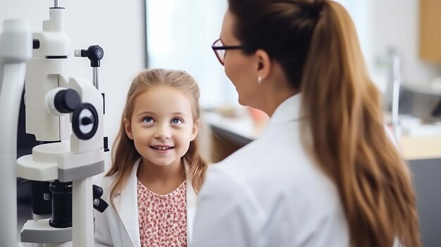 Foto um oftalmologista masculino verifica a visão de uma menina usando uma lâmpada de fenda binocular