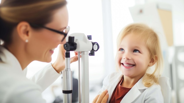 Foto um oftalmologista masculino verifica a visão de uma menina usando uma lâmpada de fenda binocular