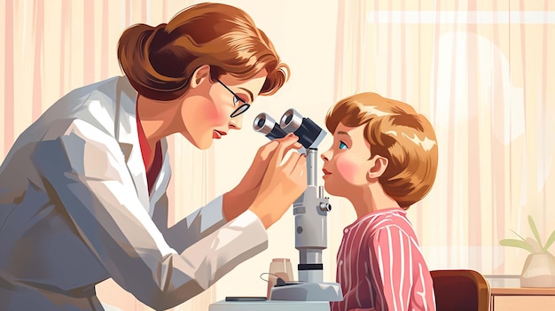 Um oftalmologista masculino verifica a visão de uma menina usando uma lâmpada de fenda binocular