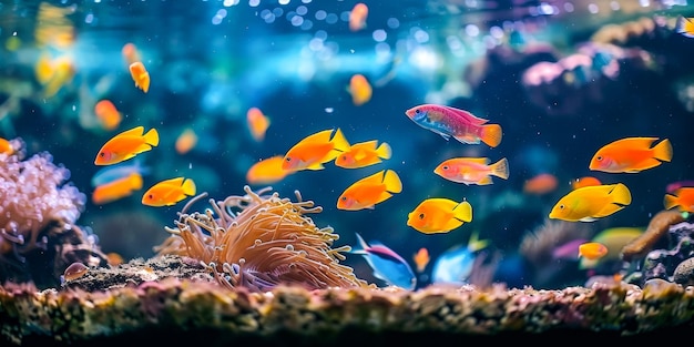 Um olhar encantador dentro de um aquário com peixes diversos deslizando através de um habitat de corais exuberantes um instantâneo da diversidade subaquática