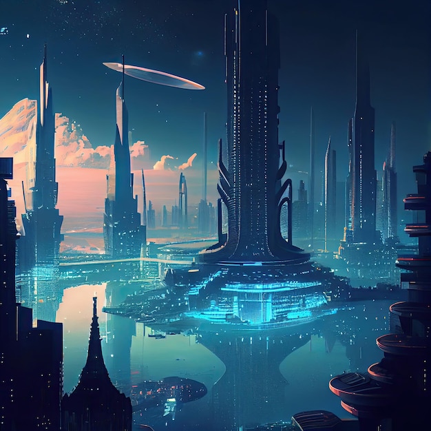 Um olhar futurista Uma cidade de design moderno com luzes azuis e céu no fundo AI generativa