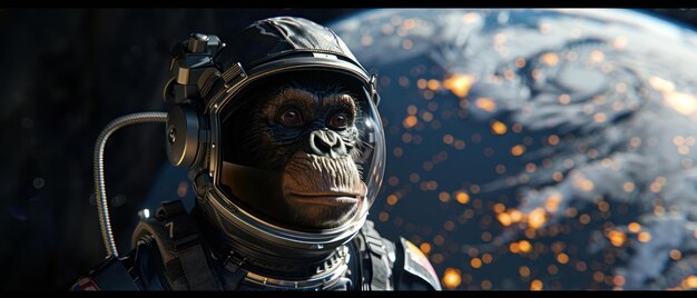 Foto um olhar profundo de um astronauta chimpanzé em um capacete espacial com o horizonte da terra e as estrelas