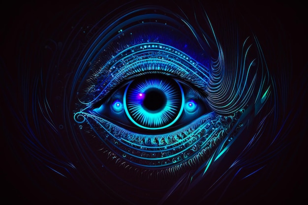 Um olho com linhas brilhantes em fundo escuro Generative AI
