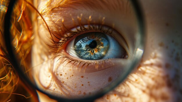 um olho de criança através de uma lupa de close-up