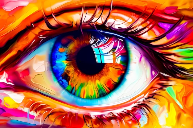 Um olho de perto com tinta multicolor na íris. IA generativa.