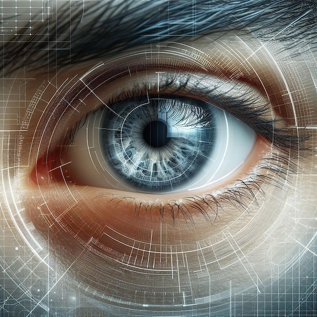 um olho humano com um olho azul e uma linha branca