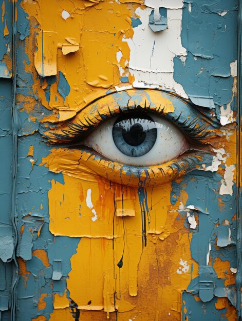 um olho pintado em uma parede com tinta descascada