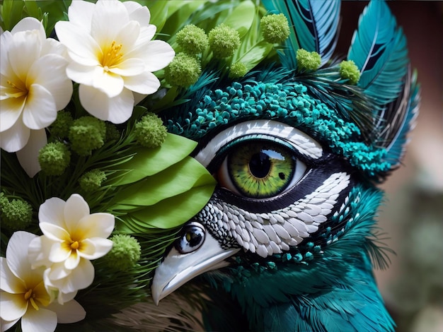 Um olho verde e branco com uma pena verde de Peafowls e flores nele