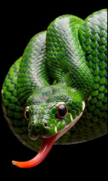 Foto um olho vermelho de cobra verde está em um ramo em fundo natural ao redor da floresta