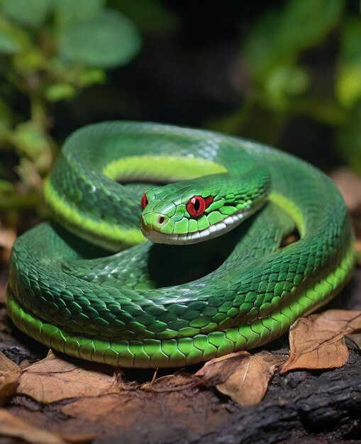 Foto um olho vermelho de cobra verde está em um ramo em fundo natural ao redor da floresta