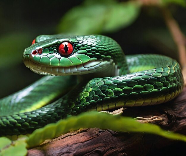 Foto um olho vermelho de cobra verde está em um ramo em fundo natural ao redor da floresta