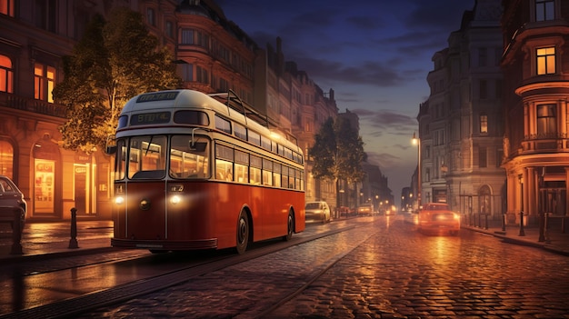 Um ônibus à moda antiga passa pelas ruas iluminadas da cidade ao anoitecer