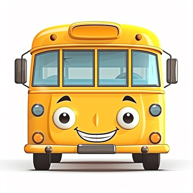 Um ônibus amarelo de desenho animado com um rosto sorridente em fundo branco