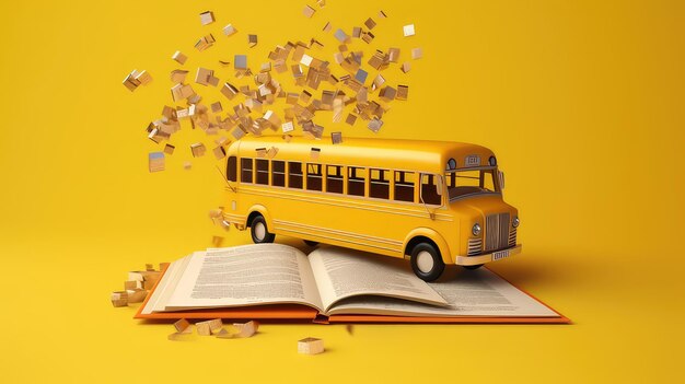 Um ônibus amarelo está em um livro e está em um fundo amarelo.