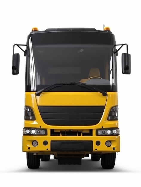 Foto um ônibus amarelo está estacionado em um fundo branco.