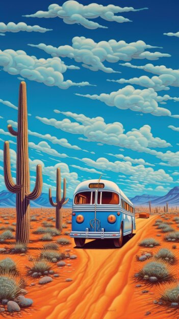 Um ônibus azul dirigindo pelo deserto suas formas angulares e distorcidas lembram pinturas expressionistas alemãs criadas com IA generativa