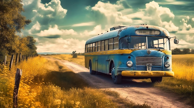 Um ônibus azul em uma estrada rural