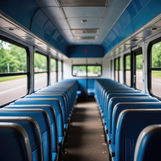 um ônibus com assentos azuis e um sinal de saída vermelho na parte superior