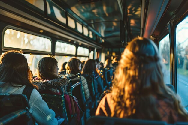 Um ônibus com estudantes adolescentes viajando em uma viagem de campo Interior do ônibus