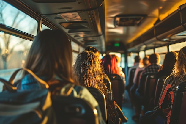 Um ônibus com estudantes adolescentes viajando em uma viagem de campo Interior do ônibus