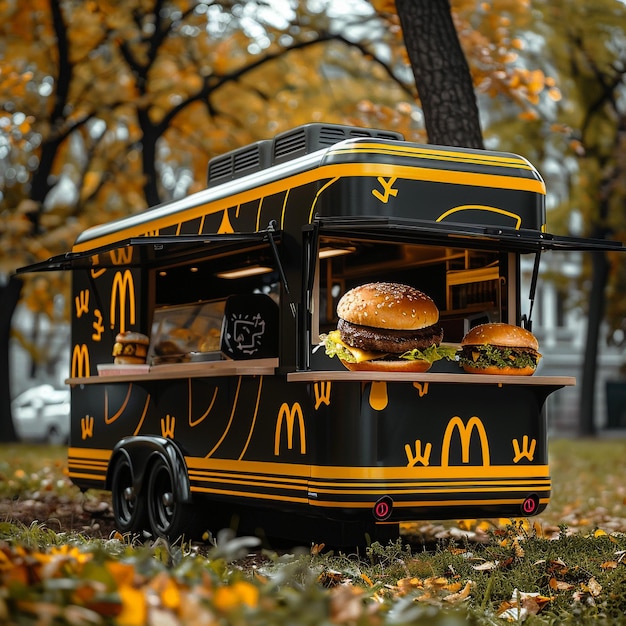 Foto um ônibus com um mcdonald's do lado e as palavras mcdonald's no lado