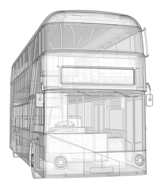 Um ônibus de dois andares, uma caixa translúcida. Renderização 3D.