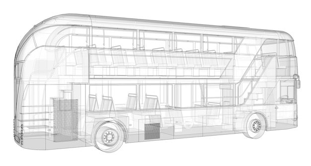 Um ônibus de dois andares, uma caixa translúcida. renderização 3d.