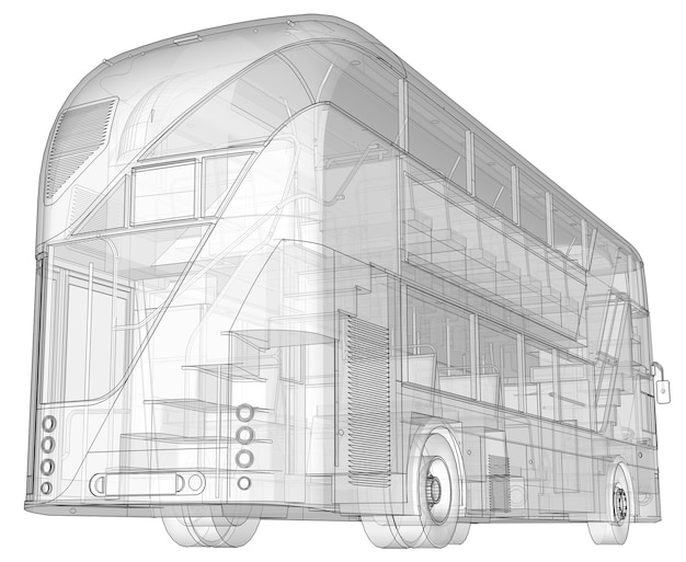 Um ônibus de dois andares, uma caixa translúcida sob a qual muitos elementos internos e peças internas do ônibus são visíveis. Renderização 3D.