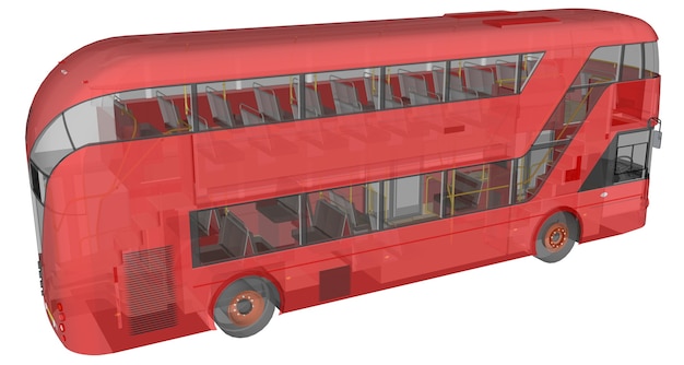 Foto um ônibus de dois andares, uma caixa translúcida sob a qual muitos elementos internos e peças internas do ônibus são visíveis. renderização 3d.