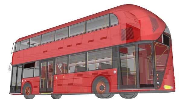 Foto um ônibus de dois andares, uma caixa translúcida sob a qual muitos elementos internos e peças internas do ônibus são visíveis. renderização 3d.