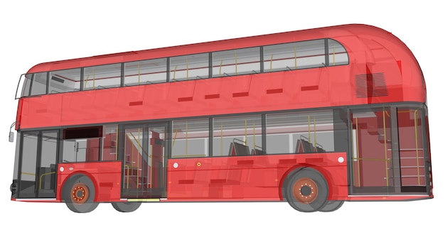 Um ônibus de dois andares, uma caixa translúcida sob a qual muitos elementos internos e peças internas do ônibus são visíveis