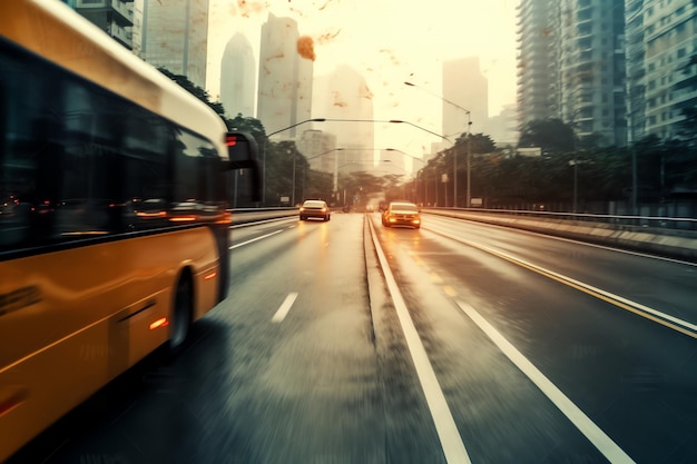 Foto um ônibus dirigindo por uma rodovia com a palavra ônibus ao lado