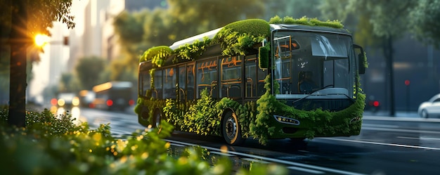 Foto um ônibus ecológico da cidade futurista mostra o conceito de transporte urbano verde conceito de transporte urbano verde ônibus sustentável da cidade ecológico futurista