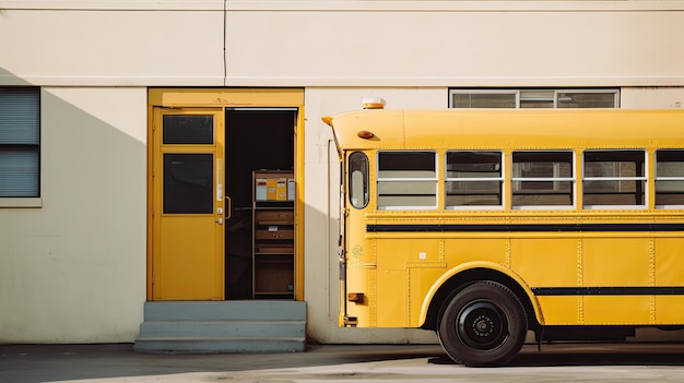 Um ônibus escolar amarelo com a porta aberta