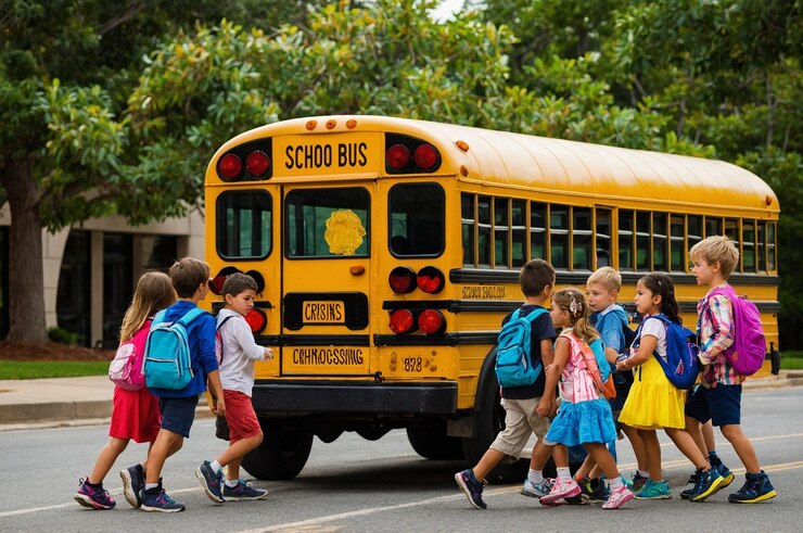 Foto um ônibus escolar com a palavra escola na parte de trás