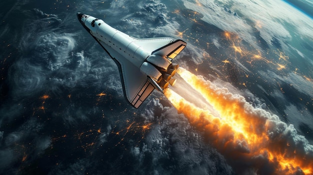Um ônibus espacial reentrando na atmosfera da Terra atrás de uma cauda de fogo de calor e gás
