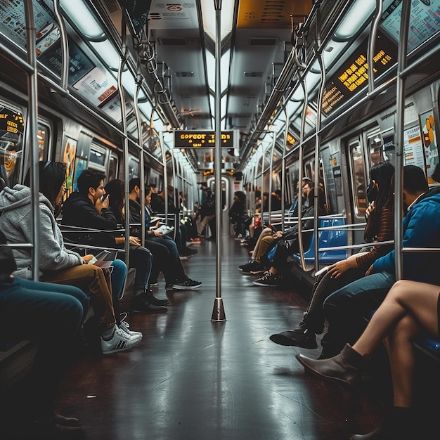 Foto um ônibus lotado com pessoas sentadas no chão e um sinal que diz metrô