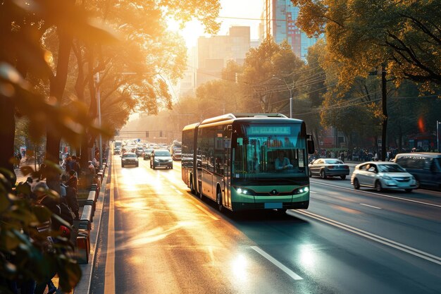 Um ônibus navega por uma rua movimentada da cidade cercada por edifícios imponentes Um ônibus urbano convertido em um veículo elétrico entre outros tipos de tráfego Gerado por IA