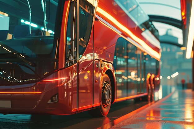 Foto um ônibus vermelho de dois andares estacionado em um ponto de ônibus pode ser usado para retratar o transporte público ou a vida urbana da cidade